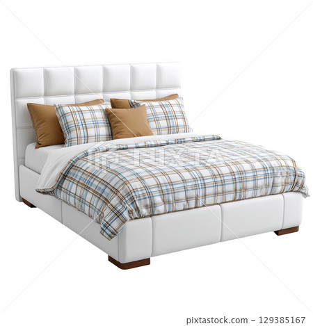 Modern White Bed with Stylish Checkered Bedding and Soft Pillows, Perfect for Bedroom Interior Design Modern White Bed with Stylish Checkered Bedding and Soft Pillows, Perfect for Bedroom Interior Design 129385167