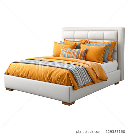 Modern White Bed with Orange and Blue Decorative Pillows in Cozy Bedroom Setting 129385168