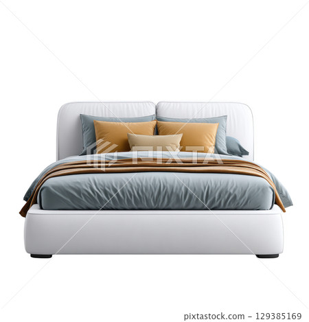 Modern Cozy Bed with Decorative Cushions and Soft Bedding in Neutral Tones for Comfortable Bedroom Atmosphere 129385169