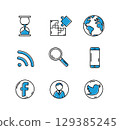 Business icon set in outline whiteboard style. Hourglass, magnifying glass, wifi, social media, smartphone, globus icons. Vector illustration, blue marker style coloring on single blue tiles. 129385245