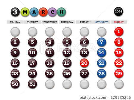 Round chocolate-style calendar for March 2026, starts on Monday Round chocolate-style calendar for March 2026, starts on Monday 129385296