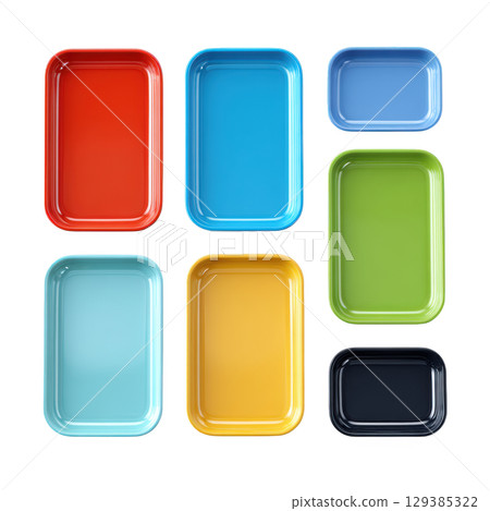 Colorful Plastic Food Containers in Various Sizes and Shapes on White Background for Kitchen Storage and Organization 129385322