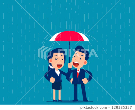 Assistance. Leader cover from rain with partner show help 129385337