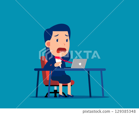 Control. Business employee tied with chain to computer in office Control. Business employee tied with chain to computer in office 129385348