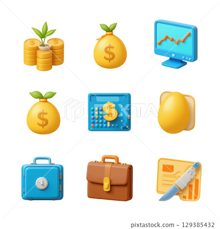 Collection of Financial Icons Featuring Money, Investments, and Business Tools for Financial Illustrations 129385432