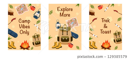 Camping postcards with hiking gear, campfire, food, and quotes in flat style on beige background. Outdoor adventure theme, posters. Camping postcards with hiking gear, campfire, food, and quotes in flat style on beige background. Outdoor adventure theme, posters. 129385579