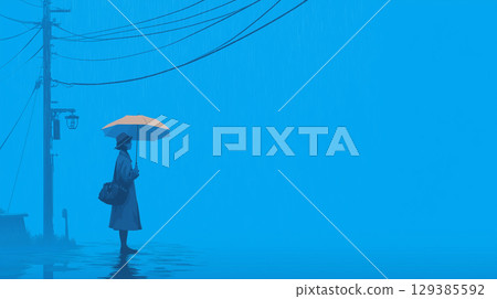 一個人站在雨中的街角 129385592