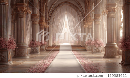 一條雄偉的走廊，裝飾著粉紅色的花朵和金色的飾品 129385611