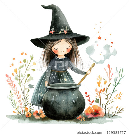 Cute Witch Brewing Potion with transparent background 129385757
