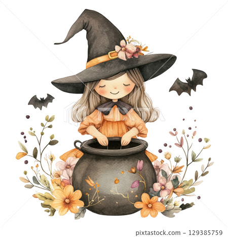 Cute Halloween Witch Illustration with transparent background 129385759