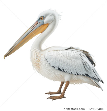 Elegant Pelican Standing Proudly with Long Bill and Soft White Feathers in a Natural Setting 129385800