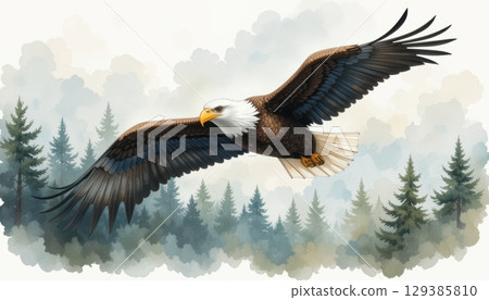 Majestic Eagle Soaring Over Lush Green Forest with Soft Misty Background and Dramatic Wing Span 129385810