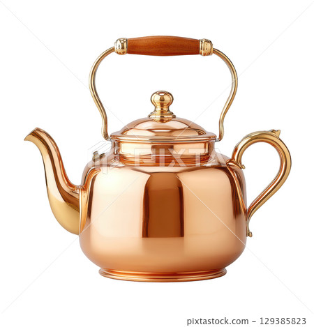 Elegant Copper Teapot with Wooden Handle, Classic Kitchenware for Tea Lover's Collection, Vintage Style and Design 129385823