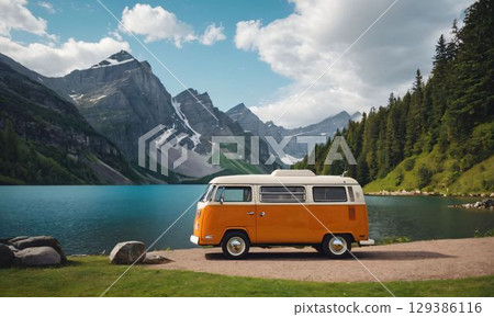 Tourists taking a leisurely drive with the lake in the background Tourists taking a leisurely drive with the lake in the background 129386116