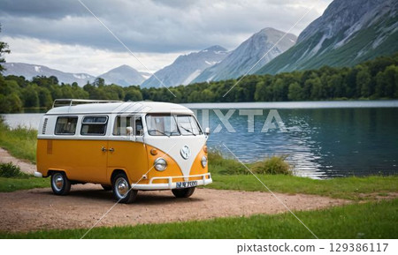 Camper van overlooking the lake 129386117