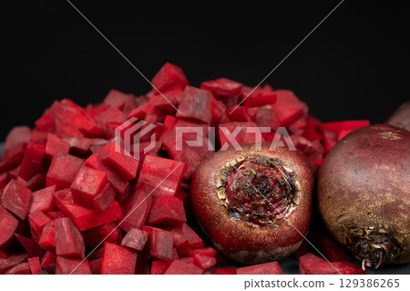 Organic Beetroot Cut into Cubes for Healthy Cooking Organic Beetroot Cut into Cubes for Healthy Cooking 129386265