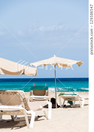 富埃特文圖拉島沿海寬闊的沙灘上擺滿了遮陽傘和沙灘床 富埃特文圖拉島沿海寬闊的沙灘上擺滿了遮陽傘和沙灘床 129386547