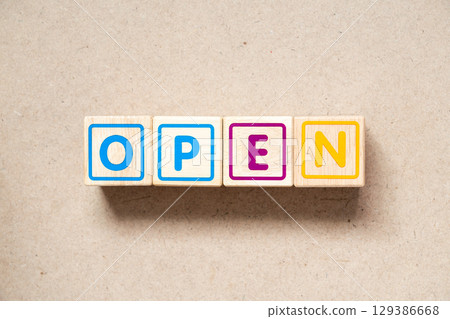 Alphabet letter block in word open on wood background 129386668