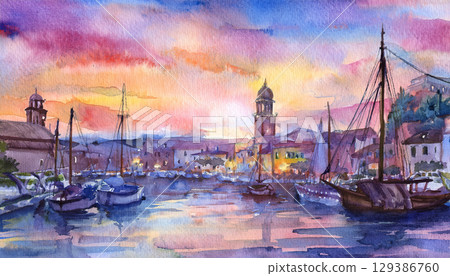 Watercolor European cityscape 129386760