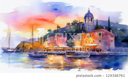 Watercolor European cityscape 129386761