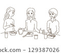 A line drawing illustration of a female employee enjoying her lunch break at work 129387026
