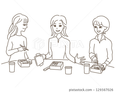 一位女員工在工作中享受午休的線條畫插圖 129387026