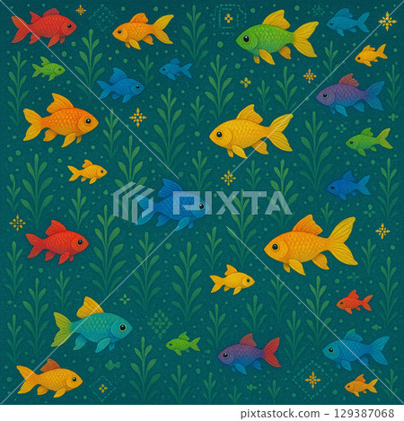 Summer-themed textile with goldfish swimming in green 129387068