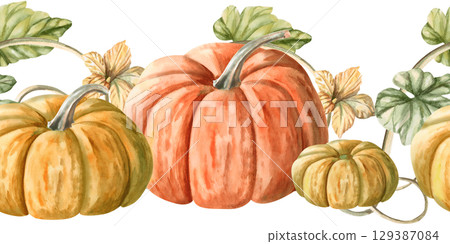Seamless border with ripe pumpkins. Isolated watercolor illustration for interior design, Harvest Festival decoration, printing on kitchen textiles, seasonal menu design. 129387084