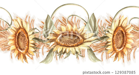 Seamless border with sunflower flowers and wheat ears. Isolated watercolor illustration for interior design, Harvest Festival decoration, printing on kitchen textiles, seasonal menu design. 129387085