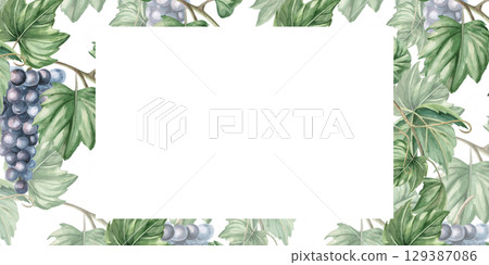 Rectangular frame with grapevine and ripe grapes. Isolated watercolor illustration for packaging design, restaurant menu, culinary blogs and magazines. 129387086