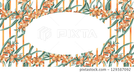 Rectangular frame with oval cutout with sea buckthorn branches. Isolated watercolor illustration on the theme of warming tea for the design of seasonal menu, signs, postcards. 129387092