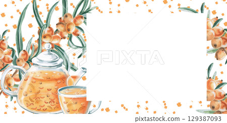 Rectangular frame with sea buckthorn branches, teapot and cup on splash background. Isolated watercolor illustration on warming tea theme for seasonal menu design, signs, postcards. Rectangular frame with sea buckthorn branches, teapot and cup on splash background. Isolated watercolor illustration on warming tea theme for seasonal menu design, signs, postcards. 129387093