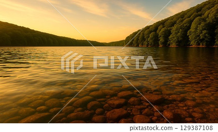 The lakeside and forest scenery bathed in the colors of the setting sun seen from the water's edge 129387108