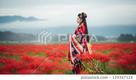 An aristocratic woman in ancient clothing standing in a field of blooming spider lilies An aristocratic woman in ancient clothing standing in a field of blooming spider lilies 129387128