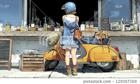 一名女子騎著滑板車購物 129387169