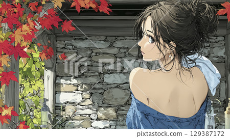 美遊系列：在露天浴池（山間溫泉）欣賞紅葉的女子背影 129387172