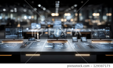 A futuristic desk scene featuring a group of AI agents working together silently 129387173