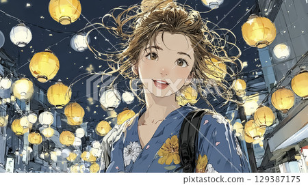 Miyu Series: Illustration of a woman wearing a yukata enjoying a night festival 129387175