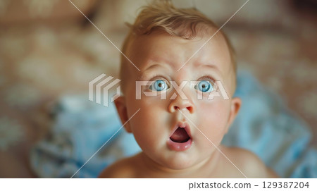 Adorable Baby Six with Big Eyes and Open Mouth - Generative AI 129387204
