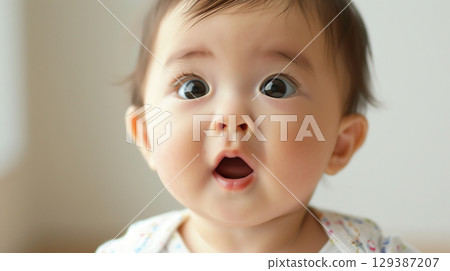 Adorable baby with big eyes and an open mouth - Generative AI 129387207