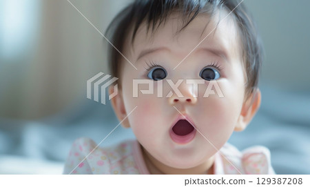 Adorable baby with big eyes and open mouth - Generative AI 129387208