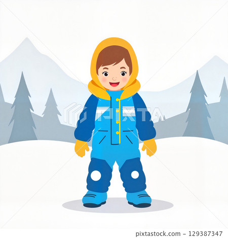 Cheerful child in bright snowsuit against winter landscape, joyful fun 129387347