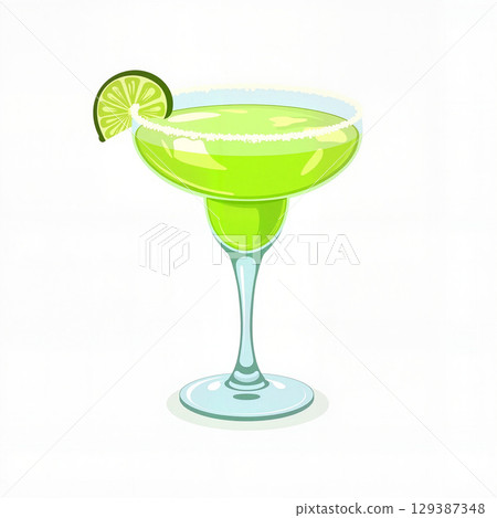 Elegant margarita glass with lime wedge on white background, refreshment 129387348
