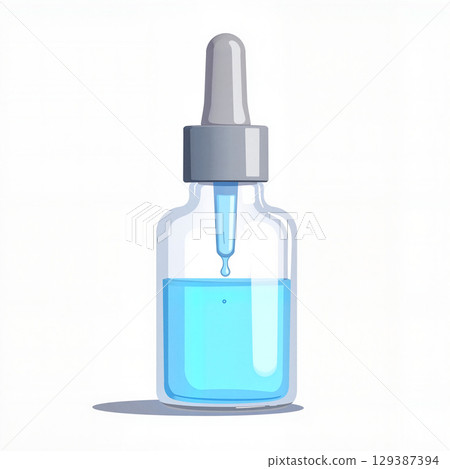 Clear serum dropper holding vibrant blue liquid against white background, purity 129387394