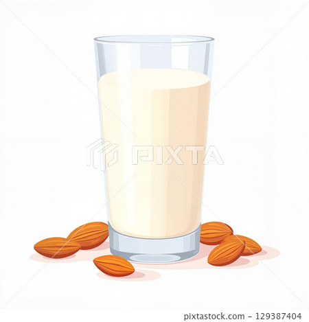 Almond milk in clear glass with scattered almonds, healthy lifestyle 129387404