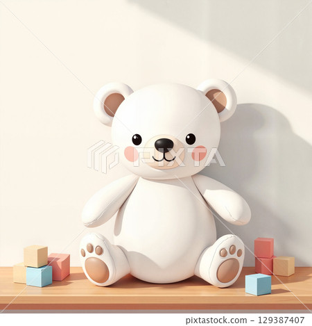 Cute polar bear plush toy on wooden shelf, playful innocence 129387407