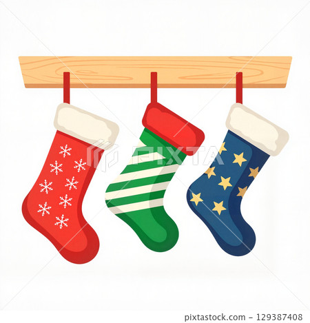 Colorful Christmas socks hanging on wooden mantel, festive decoration 129387408