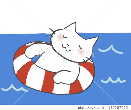 一隻貓在游泳圈上漂浮在海裡。 129387453