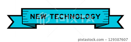 Ribbon label banner with word new technology in blue color on white background 129387607