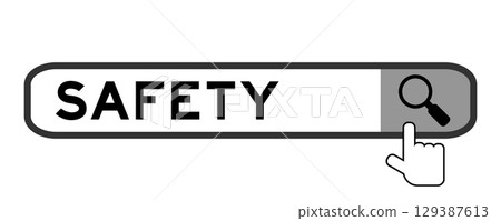 Search banner in word safety with hand over magnifier icon on white background Search banner in word safety with hand over magnifier icon on white background 129387613